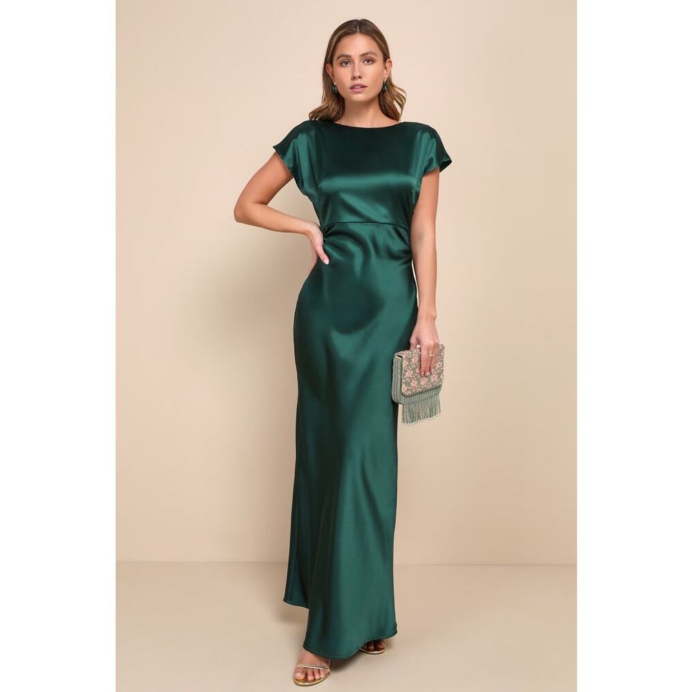 NWT Lulus Captivating Presence Forest Green Satin Cowl Back Maxi Dress Formal 2X